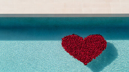 Rose petals shaped like a heart floating in a serene pool, creating a romantic and tranquil atmosphere with vibrant colours reflecting on the water’s surface