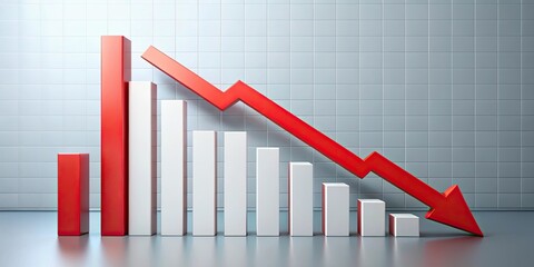of bar graph trending downwards with red arrow pointing downwards, declining, data, graph, decrease, finance, performance, trend