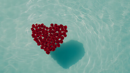 Rose petals shaped like a heart floating in a serene pool, creating a romantic and tranquil atmosphere with vibrant colours reflecting on the water’s surface