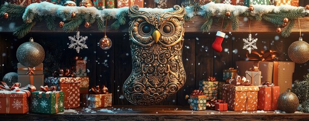 A Christmas stocking designed like an owl with intricate details hangs on a wooden shelf. Snowflake ornaments and neatly wrapped presents enhance the festive ambiance.