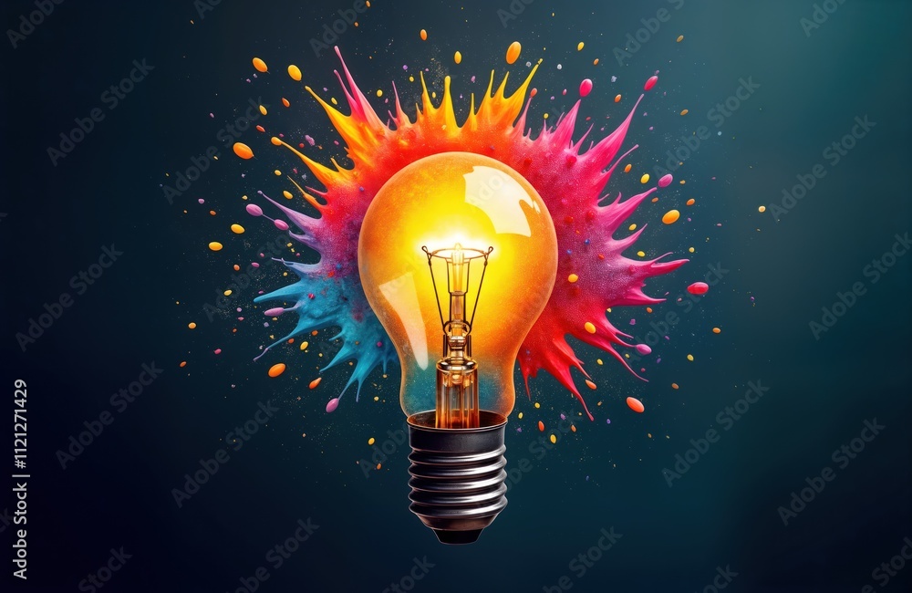 Poster vibrant light bulb explodes with colorful paint splashes creative innovation. abstract illustration 