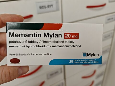 Prague, Czech Republic - July 9 2024: MEMANTIN MYLAN tablets with MEMANTINE active substance by MYLAN, used for Alzheimer's disease and dementia.	
