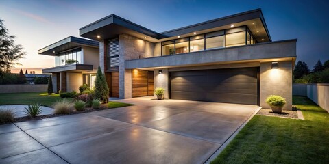 Fototapeta premium Modern house exterior lighting illuminating a concrete driveway and lawn at night , modern, house, exterior, lighting