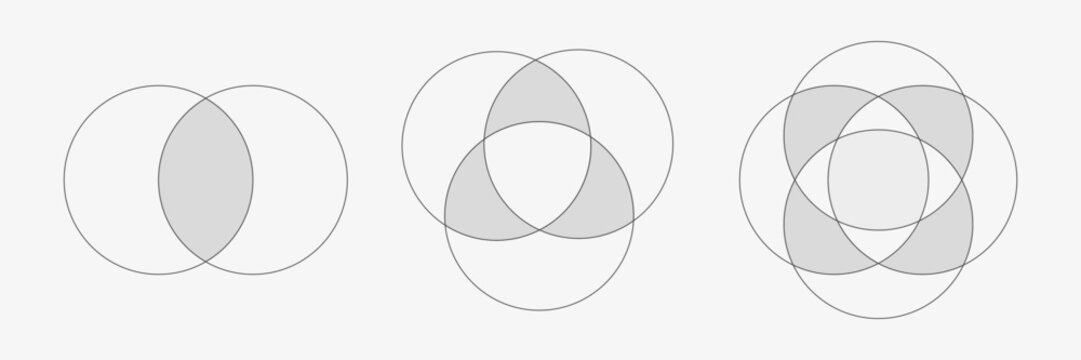 Venn diagram set. Crossing circles infographic. Mathematical education. Vector illustration 