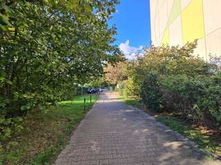 ein schöner Gehweg mit Herbstfarben in Berlin Treptow