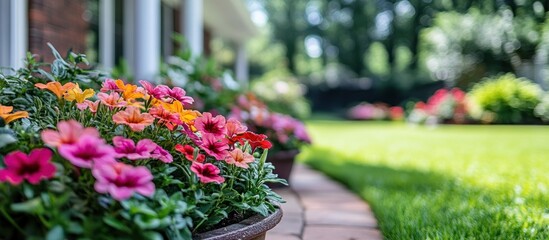 Vibrant pink and orange flowers in a pot on a patio with lush green grass in the background.