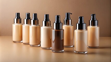 Obraz premium Foundation bottles with dropper tops lined up neatly on a beige surface, makeup, cosmetics, skincare, beauty, products