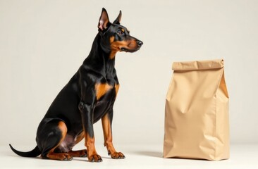 the Doberman dog is sitting looking forward, a bag of dog food, the background is light, free space for text on the side