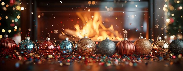 An artistic fireplace scene featuring unconventional ornament designs. Shiny decorations and confetti enhance the ethereal atmosphere, blending creativity and festive joy.