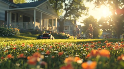 A man mowing a tidy lawn in a suburban yard, vibrant flowers blooming along the edges, with a bicycle leaning against the house porch and children playing in the background, soft afternoon sunlight,