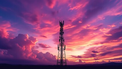 Telecommunications tower at sunset, vibrant sky with purple and orange hues, silhouetted structure, technology and connectivity theme, dramatic clouds