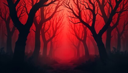 Silhouette of twisted branches in eerie red foggy forest. Dark, scary atmosphere. Surreal scene concept for horror movie fantasy background. Twisted trees create spooky, mysterious mood. Illustration