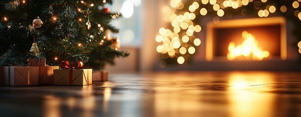 A beautifully lit indoor scene with a glowing fireplace and Christmas tree. The defocused background creates a soft, dreamy effect, emphasizing warmth and festive cheer.