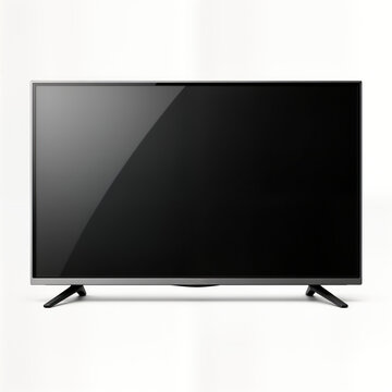 Modern flat screen lcd tv isolated on white background. Blank black screen. Simple design. Stylish modern tech device. Home entertainment. High definition display. Elegant design. Digital widescreen