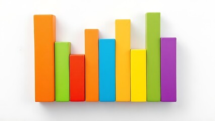 Colorful wooden blocks graph on white background, vibrant hues form abstract representation of data, emphasizing creativity and playfulness in design