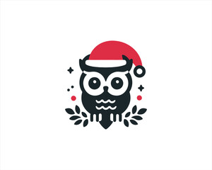 Christmas Owl Logo Design Icon Vector Illustration. Merry Christmas