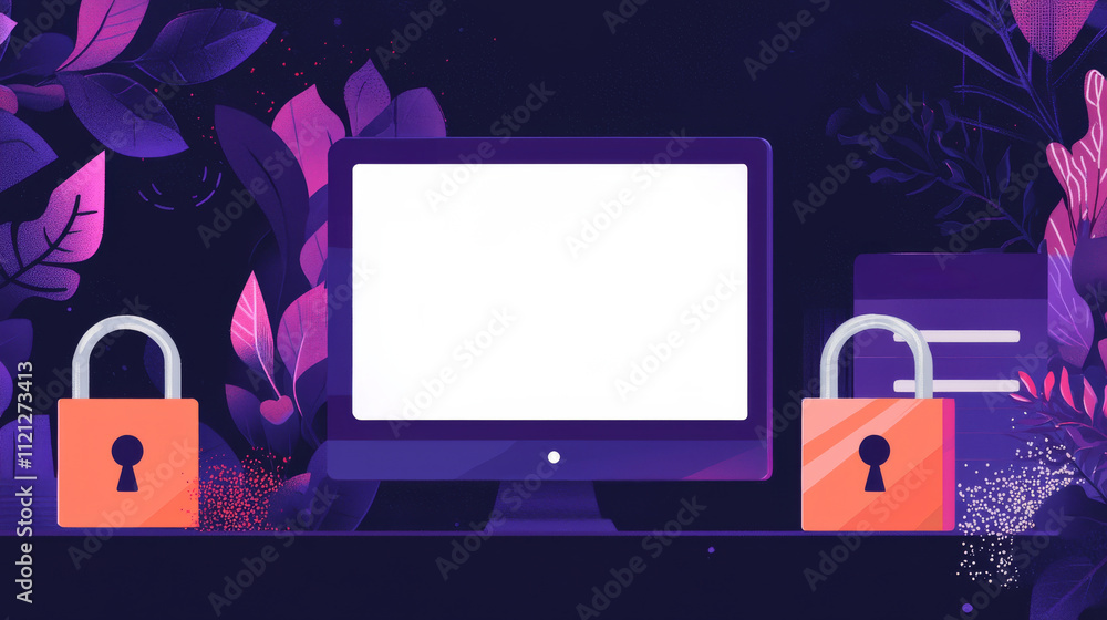 Poster a computer surrounded by locks and vibrant foliage, emphasizing themes of security, privacy, and tec