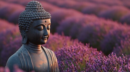 Buddha statue meditating beside a serene lavender field
