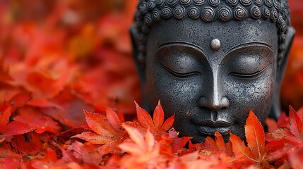 Ancient Buddha statue nestled among vibrant red autumn leaves