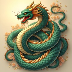 Fototapeta premium Majestic Green Dragon Amidst Roses: A Digital Painting