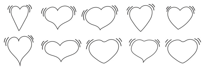 Set of doodle hearts of different shapes. Rhythmic Hearts drawn with black lines. Vector outlines of love symbol and beating heart. Templates for web design, simple vector for Valentine's Day card.