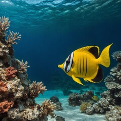 Obraz premium A bright yellow butterflyfish swimming in crystal-clear water.