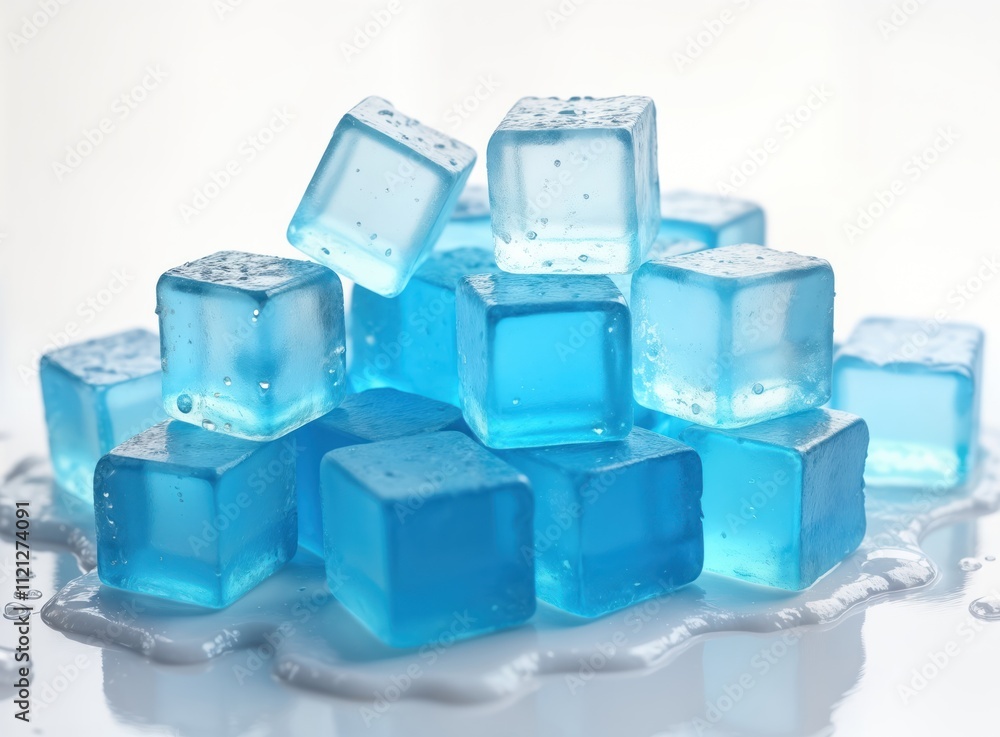 Poster closeup studio shot of pile of translucent blue ice cubes. stacked, appear to wet dripping with wate