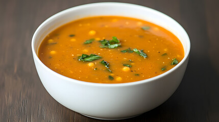 Harira, a traditional Moroccan tomato soup, garnished with fresh herbs, chickpeas, and tender lamb, showcasing the rich flavours and spices of Moroccan cuisine
