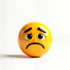 Fototapeta premium Yellow sad emoji face. Emoticon expresses sadness. 3D design icon shows unhappy emotion. Cartoon character with sad expression on white background. Illustration shows cute, sorrowful face with closed