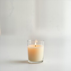 Elegant scented candle in clear glass jar. Warm light ambiance. Perfect for spa, home decor or wellness. Empty interior. Natural light. Focus on candlelight.