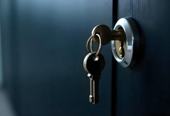 The Key to New Beginnings: A Single Key in a Lock on a Dark Blue Door
