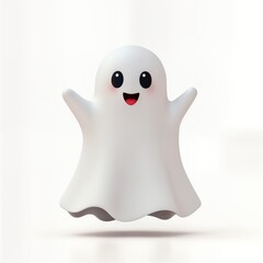 Obraz premium Cute cartoon ghost floats in air. Friendly expression. Pastel background. Halloween theme. Adorable character design. Perfect for kids Halloween party. Illustration for social media print. Fun, happy