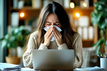 Cold. Young European woman sneezing into a tissue while sitting at her work desk with a laptop open, blurred office on background. Concept of cold, flu, illness, or allergies during season