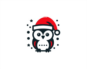 Christmas Owl Logo Design Icon Vector Illustration. Merry Christmas