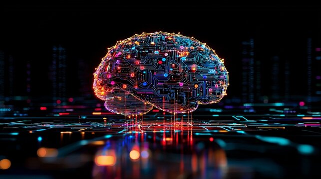 Abstract image of a digital brain made of glowing circuits and neon lines, floating in a dark space