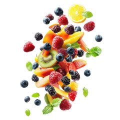 A Vibrant Medley of Fresh Fruits Floating Elegantly Against a Clear Background