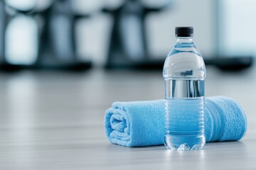 workout essentials, a fitness tracker watch placed next to a water bottle and towel on a gym floor, with a spacious gym environment in the background
