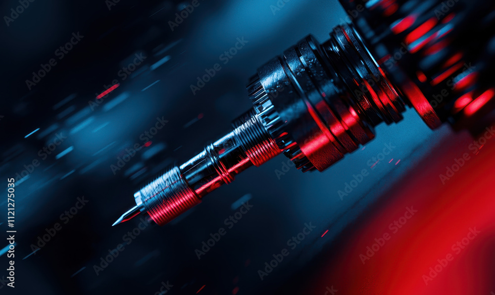 Poster dynamic close-up of mechanical drill with a striking blue and red color scheme
