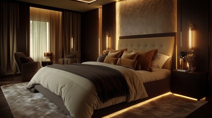 Obraz premium Luxurious bedroom with elegant decor, a plush bed, and ambient lighting that enhances the serene atmosphere of the space.