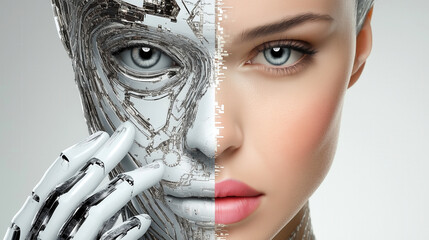 Portrait of a human-cybernetic hybrid. The image is split down the center, with one half depicting a human face with natural features, and the other half revealing a sleek, robotic structure