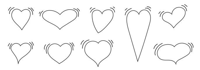 Set of doodle hearts of different shapes. Rhythmic Hearts drawn with black lines. Vector outlines of love symbol and beating heart. Templates for web design, simple vector for Valentine's Day card.