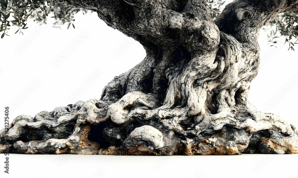 Poster a detailed view of a gnarled olive tree trunk showcasing its intricate roots and texture.