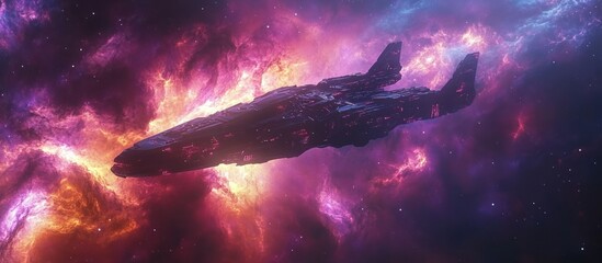 Fototapeta premium A futuristic spaceship flies through a colorful nebula in space.