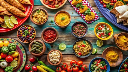 Fototapeta premium A festive table filled with colorful Latin American street food , vibrant, Latin American, street food, festival