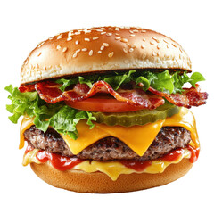 Delicious Cheeseburger with Crispy Bacon, Fresh Vegetables, and Flavorful Sauces for a Satisfying Meal Experience