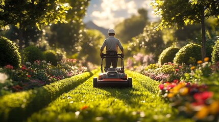 A professional gardener in a clean uniform operating a high-tech lawn mower in a perfectly manicured garden, surrounded by lush green hedges and vibrant flower beds,