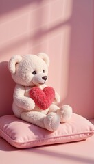 Toy Polar Bear Holding a Heart in a Pink Room on a Bright Sunny Day, Perfect for Valentine&rsquo;s Day
