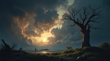 Sunset over grassy coast with bare tree and cloudy sky