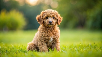 Fototapeta premium Brown puppy poodle dog sitting on a grass field, puppy, poodle, dog, pet, brown, fluffy, adorable, cute, playful