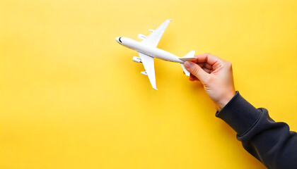 Male hand holding a model of a white aircraft against a yellow background